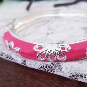 Elegant Pink Hinged Bangle Bracelet With Silver & Crystal Accents